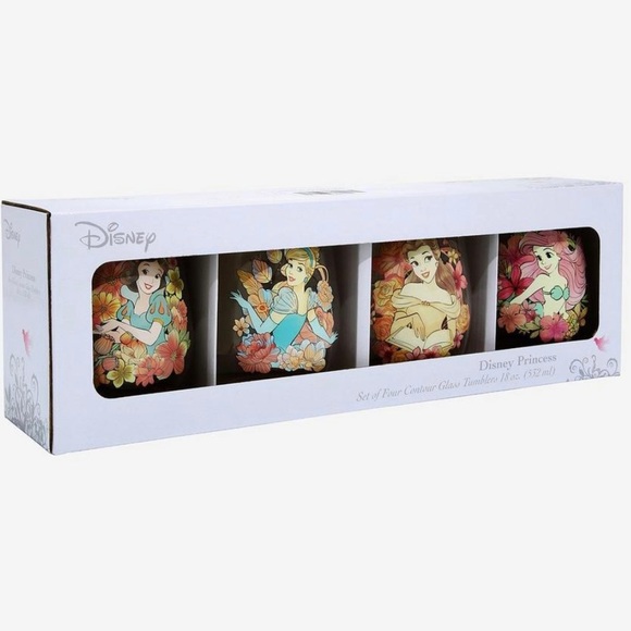Disney Princess Floral Glass Tumbler Set NWT Snow White Cinderella Belle Ariel - Picture 7 of 12